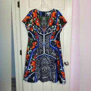 Shelby & Palmer Black Floral Fit-and-Flare Dress with Blue Accents